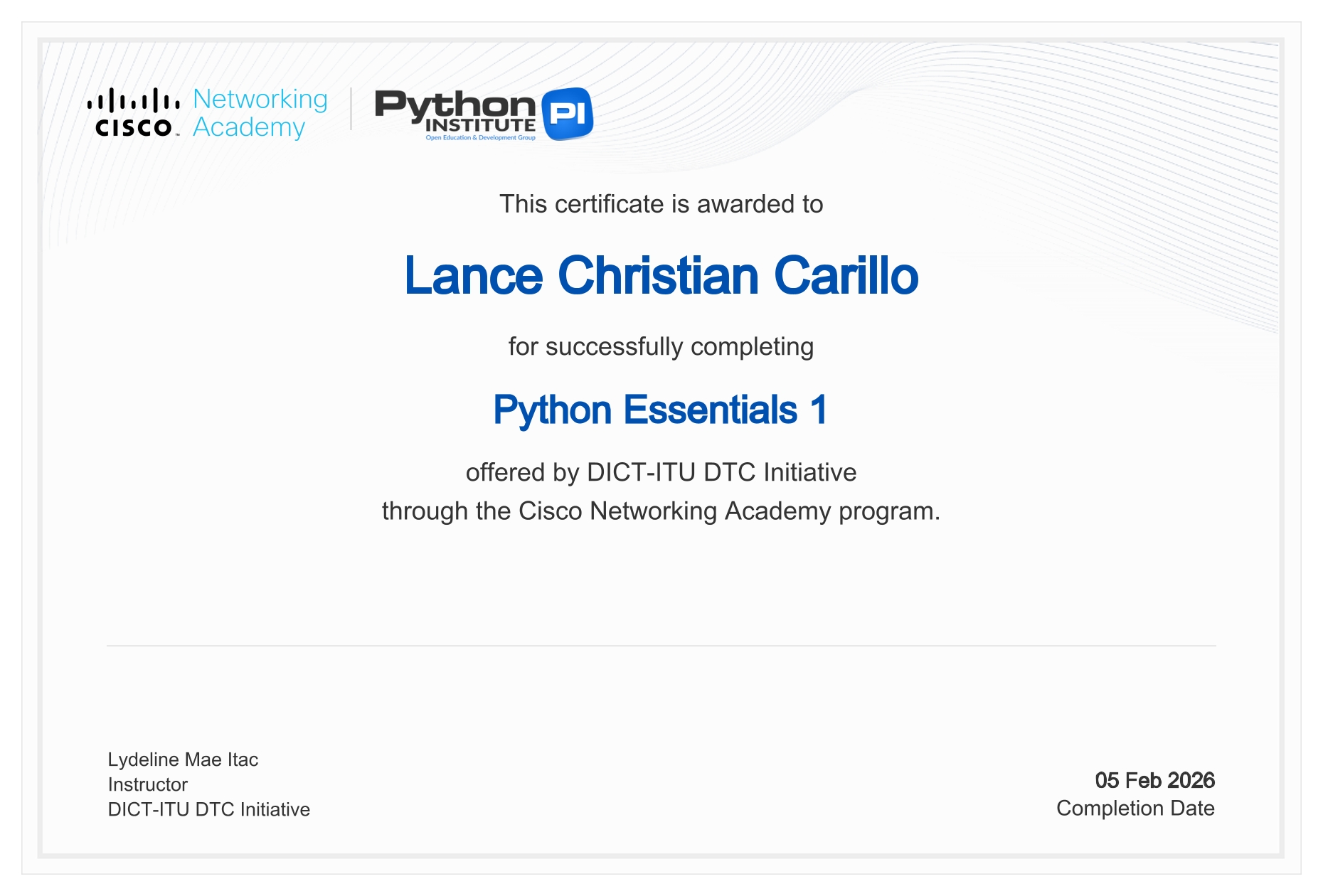 Python Essentials 1 Certificate